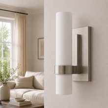 Ravello Glass Cylinder Wall Lighting in Nickel, Milk, 4.7", Main Light Off