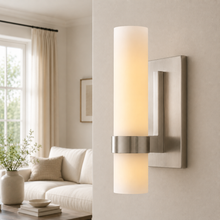 Ravello Glass Cylinder Wall Lighting in Nickel, Milk, 4.7", Main Light On