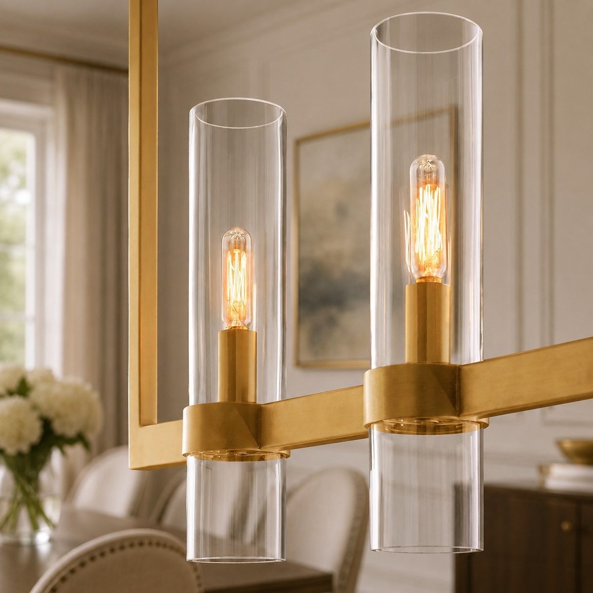 Ravello Linear Glass Cylinder Chandelier in Brass, Clear, 54", Body Detail
