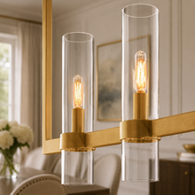 Ravello Linear Glass Cylinder Chandelier in Brass, Clear, 54", Body Detail