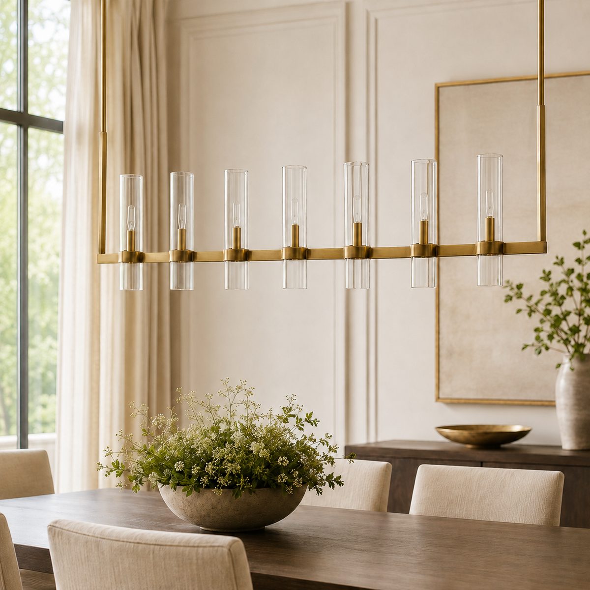 Ravello Linear Glass Cylinder Chandelier in Brass, Clear, 54", Main Light Off