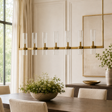 Ravello Linear Glass Cylinder Chandelier in Brass, Clear, 54", Main Light Off