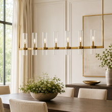 Ravello Linear Glass Cylinder Chandelier in Brass, Clear, 54", Main Light On