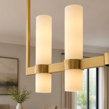 Ravello Linear Glass Cylinder Chandelier in Brass, Milk, 54", Body Detail