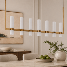 Ravello Linear Glass Cylinder Chandelier in Brass, Milk, 54", Main Light Off
