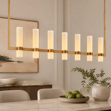 Ravello Linear Glass Cylinder Chandelier in Brass, Milk, 54", Main Light On