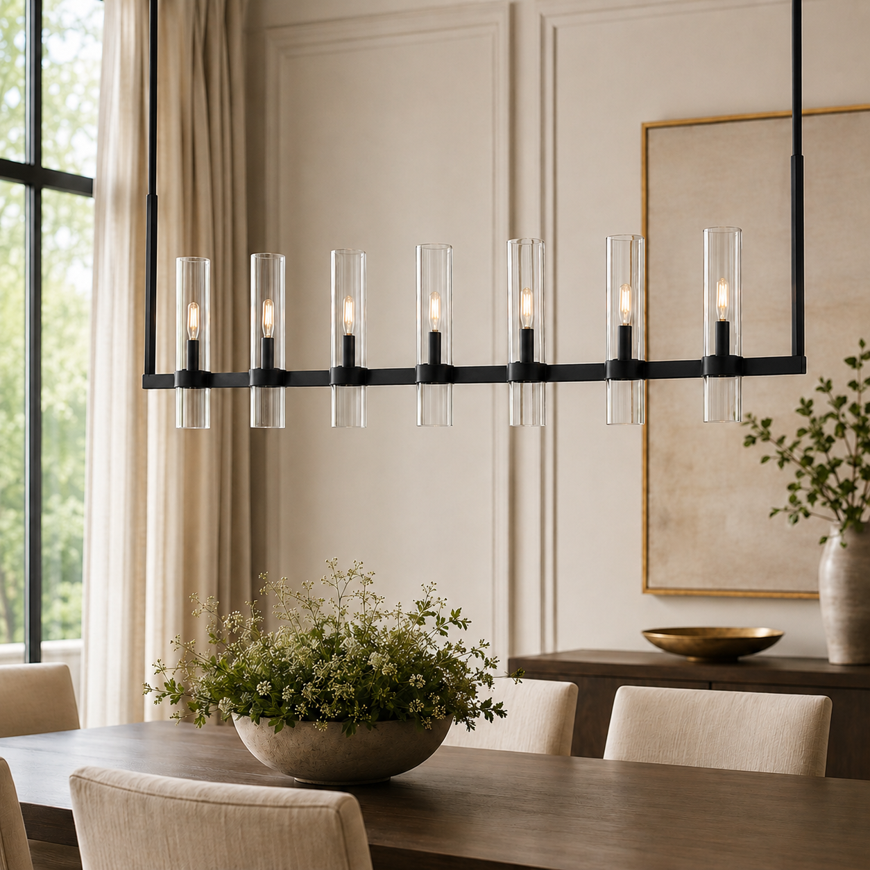 Ravello Linear Glass Cylinder Chandelier in Bronze, Clear, 54", Main Light On