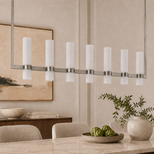 Ravello Linear Glass Cylinder Chandelier in Nickel, Milk, 54", Main Light Off