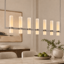 Ravello Linear Glass Cylinder Chandelier in Nickel, Milk, 54", Main Light On