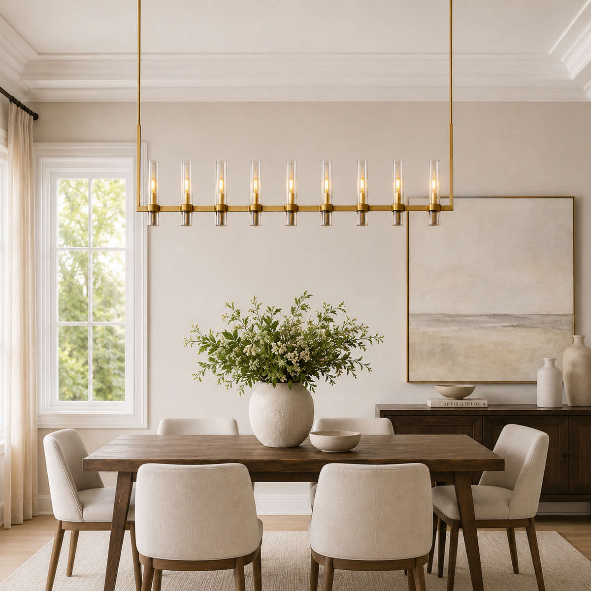 Ravello Linear Glass Cylinder Chandelier in Brass, Clear, 71", Main Light On