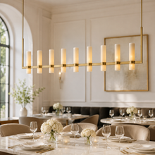 Ravello Linear Glass Cylinder Chandelier in Brass, Milk, 71", Main Light Off