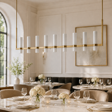 Ravello Linear Glass Cylinder Chandelier in Brass, Milk, 71", Main Light On
