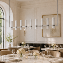 Ravello Linear Glass Cylinder Chandelier in Nickel, Milk, 71", Main Light Off