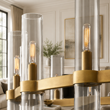 Ravello Round Glass Cylinder Chandelier in Brass, Clear, 36", Body Detail