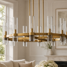 Ravello Round Glass Cylinder Chandelier in Brass, Clear, 36", Main Light Off