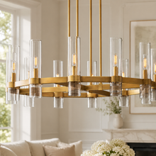 Ravello Round Glass Cylinder Chandelier in Brass, Clear, 36", Main Light On