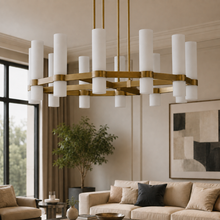 Ravello Round Glass Cylinder Chandelier in Brass, Milk, 36", Main Light Off