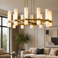 Ravello Round Glass Cylinder Chandelier in Brass, Milk, 36", Main Light On