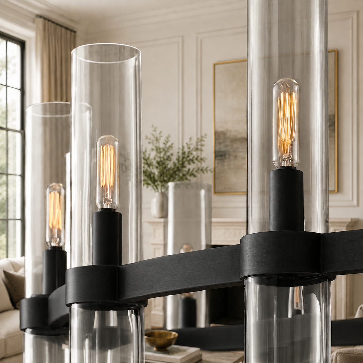 Ravello Round Glass Cylinder Chandelier in Bronze, Clear, 36", Body Detail