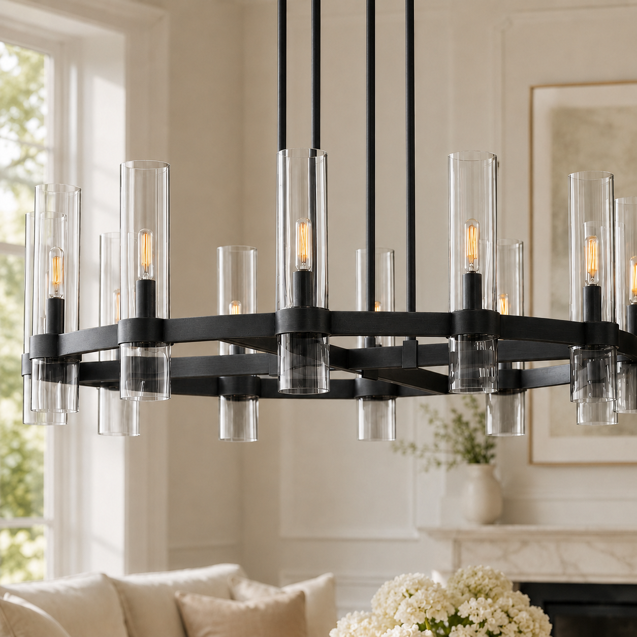 Ravello Round Glass Cylinder Chandelier in Bronze, Clear, 36", Main Light On