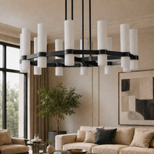 Ravello Round Glass Cylinder Chandelier in Bronze, Milk, 36", Main Light Off