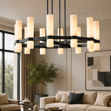 Ravello Round Glass Cylinder Chandelier in Bronze, Milk, 36", Main Light On