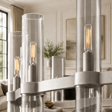 Ravello Round Glass Cylinder Chandelier in Nickel, Clear, 36", Body Detail
