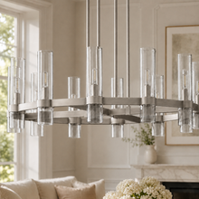 Ravello Round Glass Cylinder Chandelier in Nickel, Clear, 36", Main Light Off