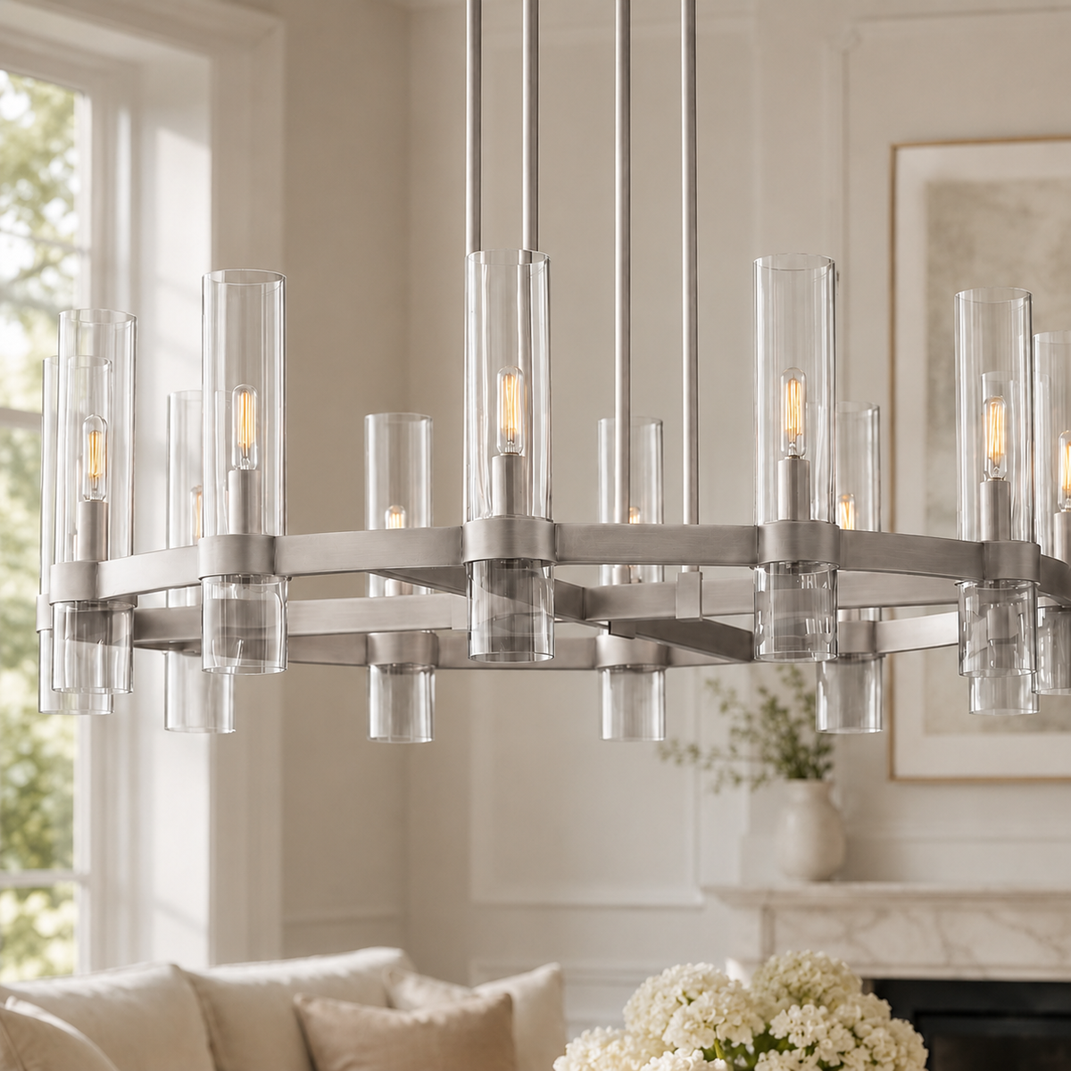 Ravello Round Glass Cylinder Chandelier in Nickel, Clear, 36", Main Light On