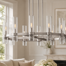 Ravello Round Glass Cylinder Chandelier in Nickel, Clear, 36", Main Light On