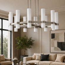 Ravello Round Glass Cylinder Chandelier in Nickel, Milk, 36", Main Light Off