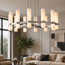 Ravello Round Glass Cylinder Chandelier in Nickel, Milk, 36", Main Light On