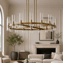 Ravello Round Glass Cylinder Chandelier in Brass, Clear, 48", Main Light Off