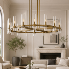 Ravello Round Glass Cylinder Chandelier in Brass, Clear, 48", Main Light On