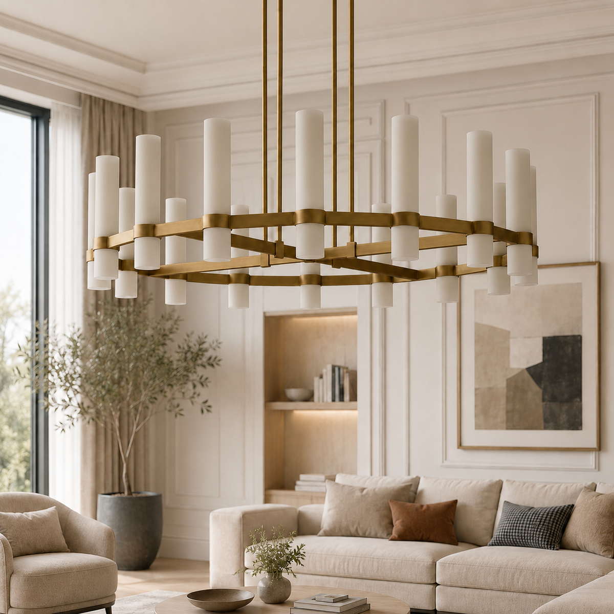 Ravello Round Glass Cylinder Chandelier in Brass, Milk, 48", Main Light Off