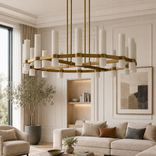 Ravello Round Glass Cylinder Chandelier in Brass, Milk, 48", Main Light Off