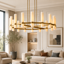 Ravello Round Glass Cylinder Chandelier in Brass, Milk, 48", Main Light On