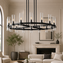 Ravello Round Glass Cylinder Chandelier in Bronze, Clear, 48", Main Light On