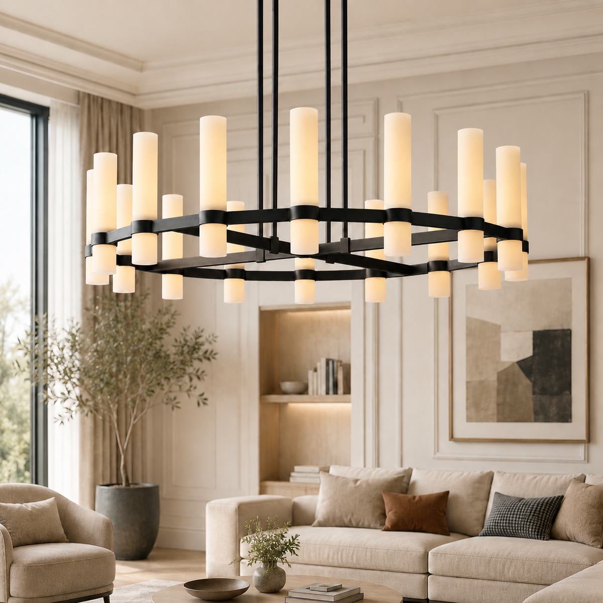 Ravello Round Glass Cylinder Chandelier in Bronze, Milk, 48", Main Light On