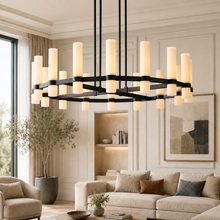 Ravello Round Glass Cylinder Chandelier in Bronze, Milk, 48", Main Light On