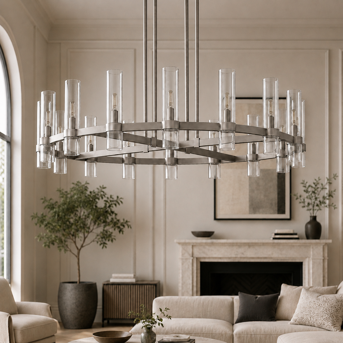 Ravello Round Glass Cylinder Chandelier in Nickel, Clear, 48", Main Light Off