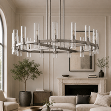 Ravello Round Glass Cylinder Chandelier in Nickel, Clear, 48", Main Light Off
