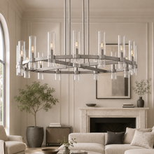 Ravello Round Glass Cylinder Chandelier in Nickel, Clear, 48", Main Light On