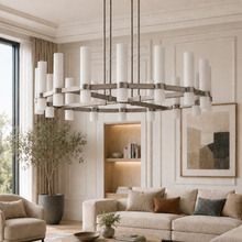 Ravello Round Glass Cylinder Chandelier in Nickel, Milk, 48", Main Light Off