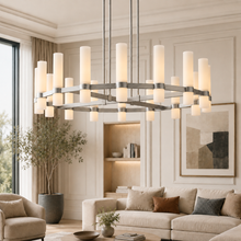 Ravello Round Glass Cylinder Chandelier in Nickel, Milk, 48", Main Light On