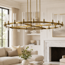 Ravello Round Glass Cylinder Chandelier in Brass, Clear, 60", Main Light Off