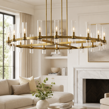 Ravello Round Glass Cylinder Chandelier in Brass, Clear, 60", Main Light On