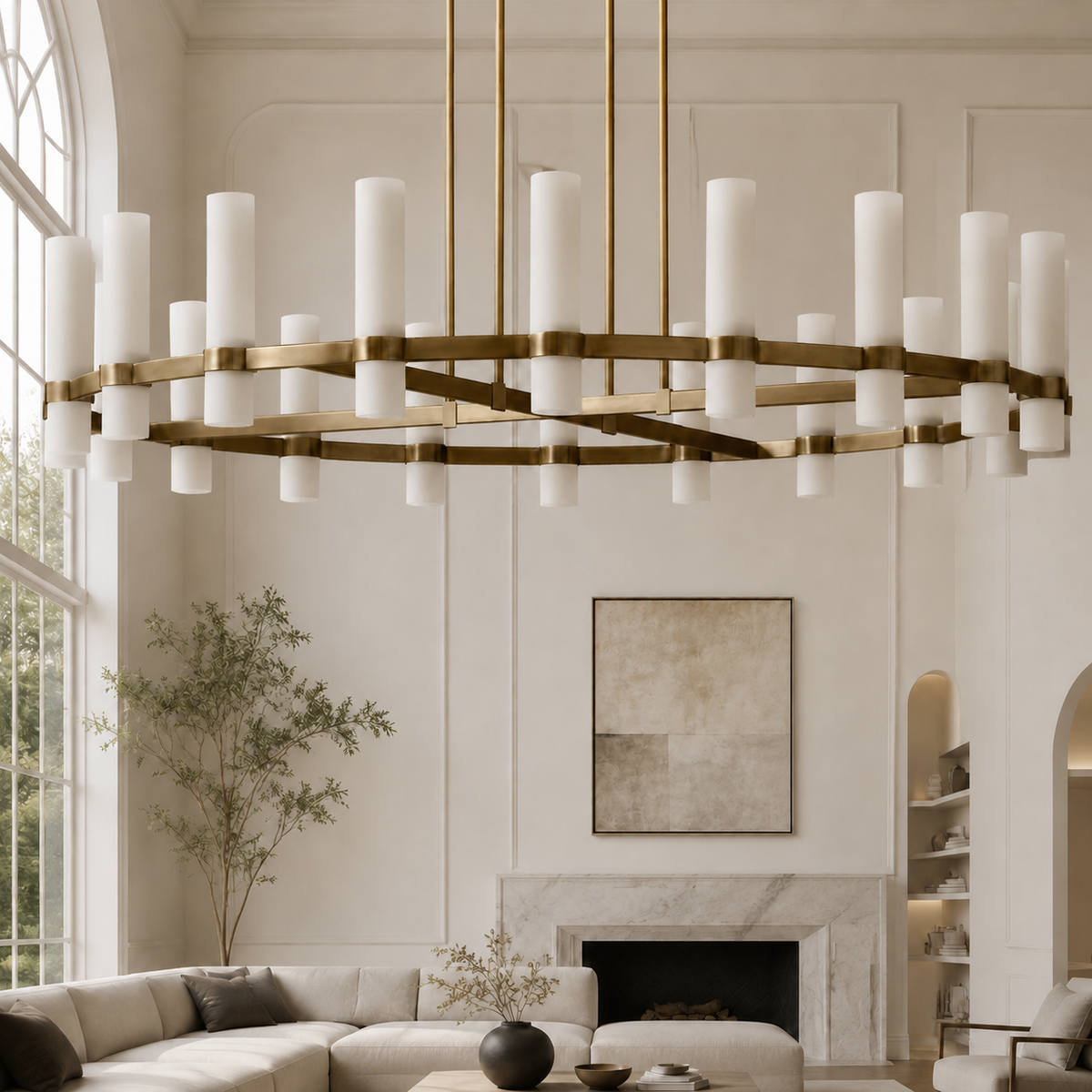 Ravello Round Glass Cylinder Chandelier in Brass, Milk, 60", Main Light Off