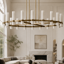 Ravello Round Glass Cylinder Chandelier in Brass, Milk, 60", Main Light Off