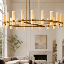 Ravello Round Glass Cylinder Chandelier in Brass, Milk, 60", Main Light On